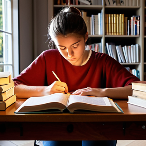 Home 4 **
Prompt: "A student studying intensely at a desk covered with textbooks and notes, illuminated by a lamp. French flag and exam preparation guides are visible in the background. Focus on determination and hard work. Bibliotheque."
**