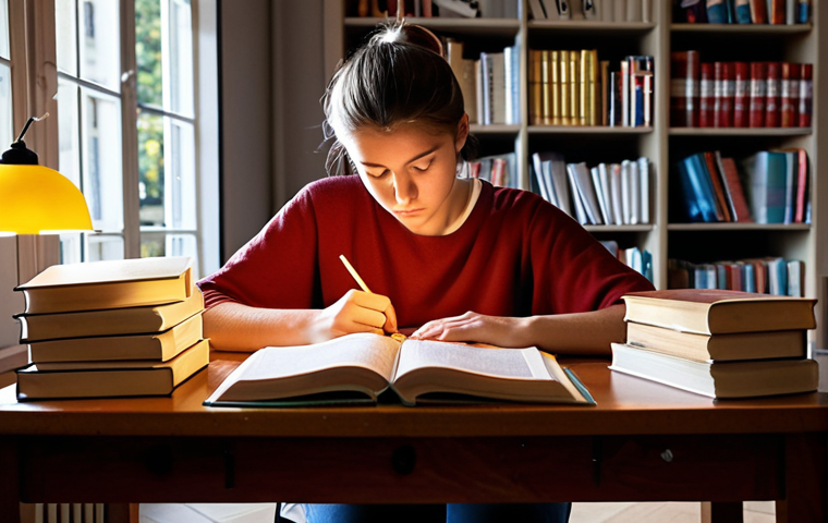 **
Prompt: "A student studying intensely at a desk covered with textbooks and notes, illuminated by a lamp. French flag and exam preparation guides are visible in the background. Focus on determination and hard work. Bibliotheque."
**