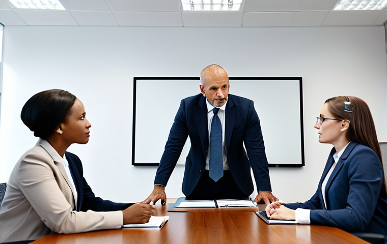 A diverse team of professional public sector employees, fully clothed in modest business attire, gathered around a clean, modern conference table in a well-lit government office. They are engaged in a calm and focused collaborative discussion, with respectful expressions, demonstrating open communication and problem-solving. The atmosphere is professional and harmonious. Perfect anatomy, correct proportions, natural pose, well-formed hands, proper finger count. Professional photography, high quality, safe for work, appropriate content, fully clothed.