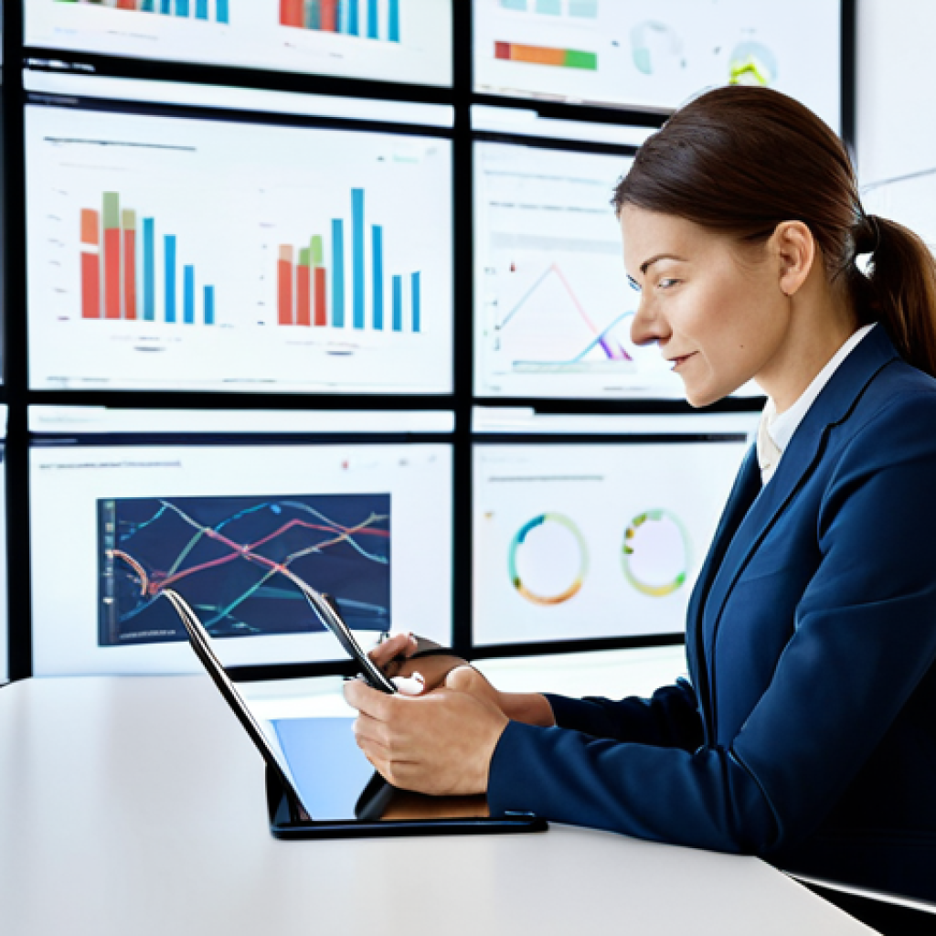 A highly professional and diverse female public servant, in a modest business suit, seated at a sleek modern desk. She is actively using a digital tablet to review interactive data visualizations, reflecting digital transformation. The background features a bright, collaborative public sector office space with large screens displaying abstract data and subtle elements of modern French architecture. Perfect anatomy, correct proportions, natural pose, well-formed hands, proper finger count, natural body proportions, safe for work, appropriate content, fully clothed, professional dress, family-friendly, high quality, professional photography.