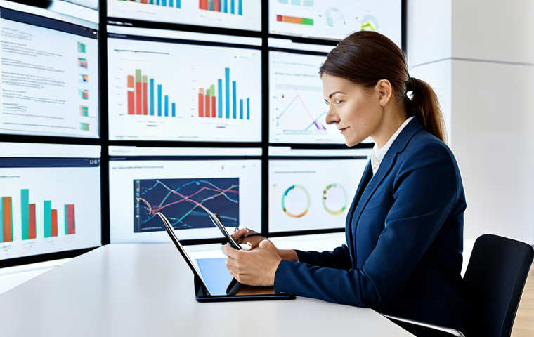 A highly professional and diverse female public servant, in a modest business suit, seated at a sleek modern desk. She is actively using a digital tablet to review interactive data visualizations, reflecting digital transformation. The background features a bright, collaborative public sector office space with large screens displaying abstract data and subtle elements of modern French architecture. Perfect anatomy, correct proportions, natural pose, well-formed hands, proper finger count, natural body proportions, safe for work, appropriate content, fully clothed, professional dress, family-friendly, high quality, professional photography.