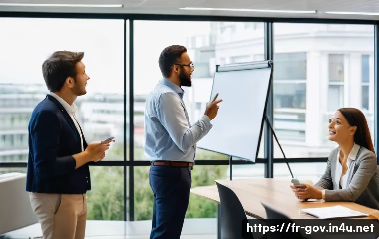 공무원 조직에서의 팀워크 강화 사례 - **Prompt:** A dynamic and diverse team of 6-7 French public sector employees (men and women of vario...