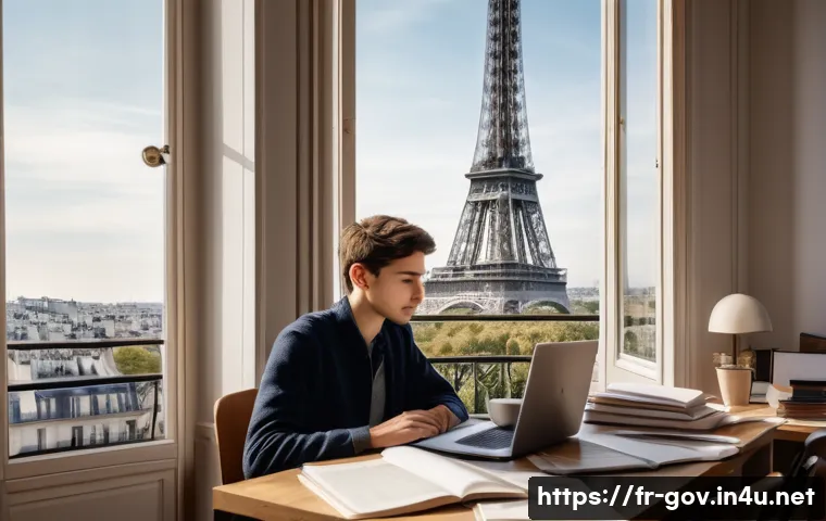 공무원 시험에서 성공하는 법칙 - A focused French student studying at a tidy, well-lit desk in a modern Parisian apartment, surrounde...
