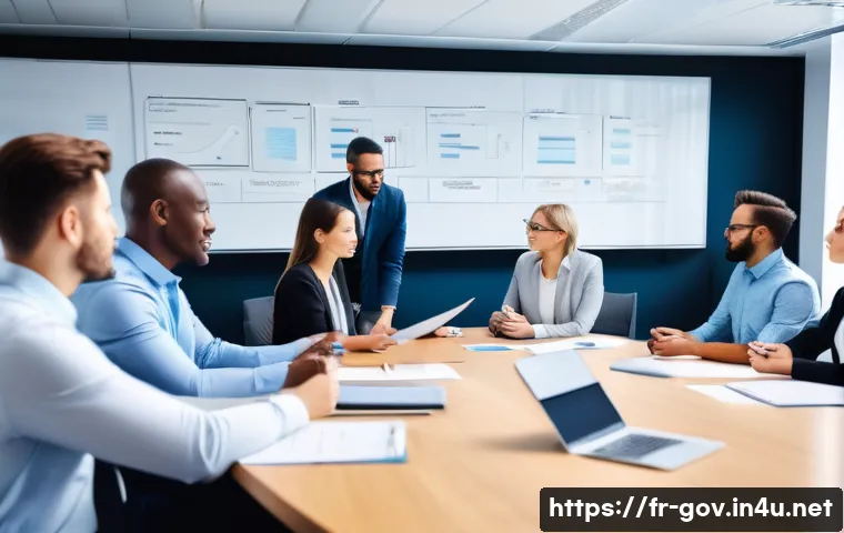 공무원 조직 내 협력 사례와 성공 요인 - A diverse group of public sector employees in a modern office setting, engaged in a collaborative me...