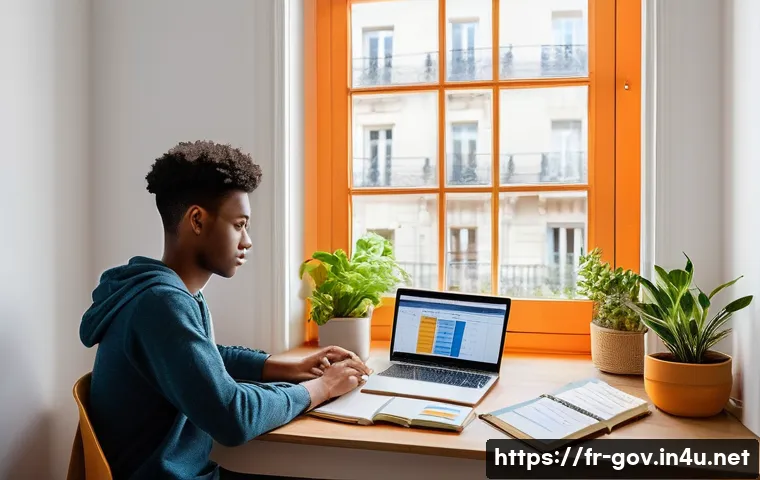 공무원 시험을 준비하는 대학생 이야기 - A bright, modern study room in a typical French apartment, with a young adult student sitting at a t...