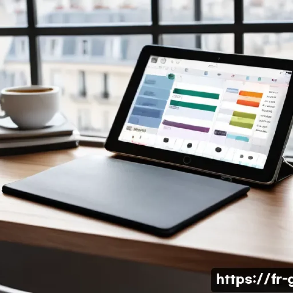 공무원 업무 일기 작성 팁 - A modern French office workspace with a well-organized desk featuring a digital planner app open on ...