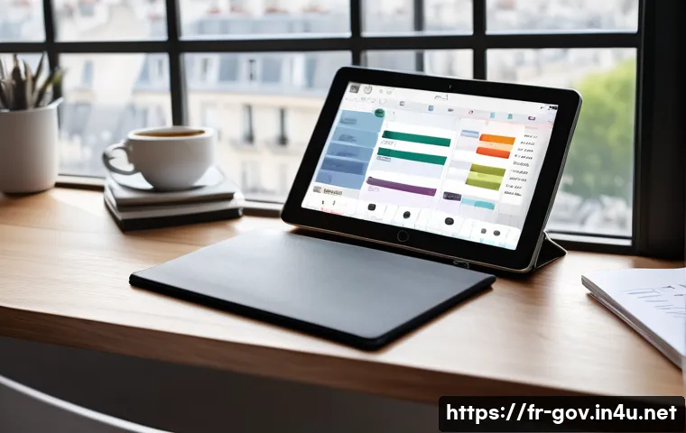 공무원 업무 일기 작성 팁 - A modern French office workspace with a well-organized desk featuring a digital planner app open on ...