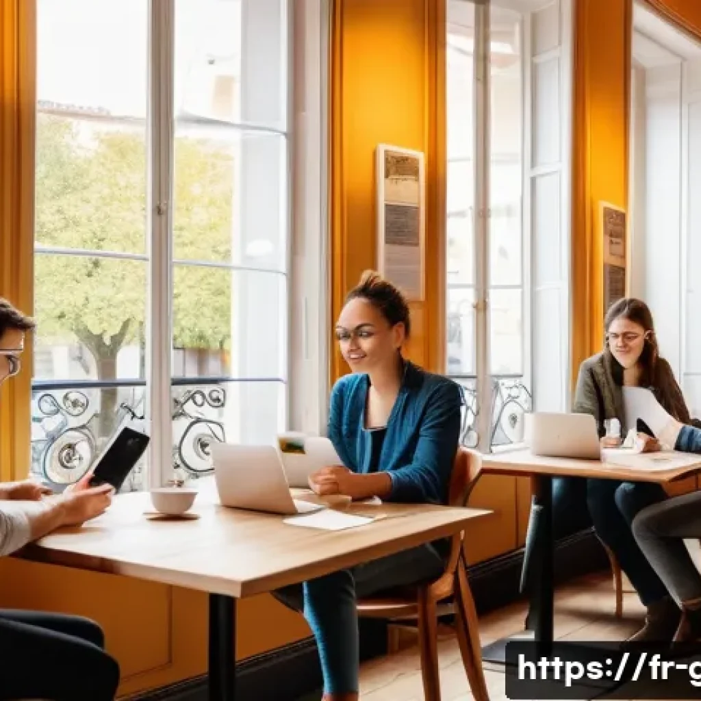 공무원 시험 성공을 위한 커뮤니티 활용법 - A cozy study group scene in a modern French caf&eacute;, with diverse young adults collaboratively reviewin...
