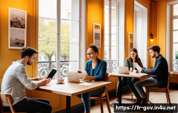 공무원 시험 성공을 위한 커뮤니티 활용법 - A cozy study group scene in a modern French café, with diverse young adults collaboratively reviewin...