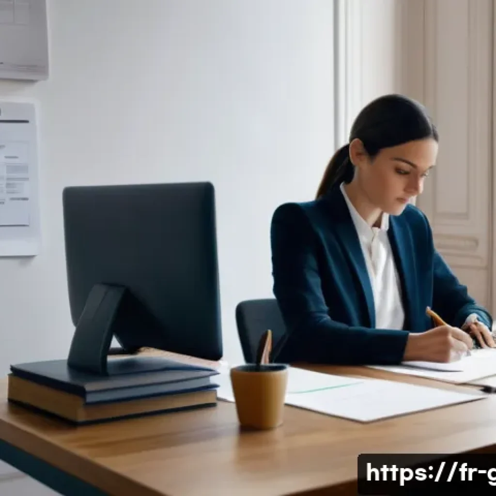 공무원 시험 자기소개서 잘 쓰는 법 - A professional office scene showing a mid-30s French public administration employee writing a motiva...