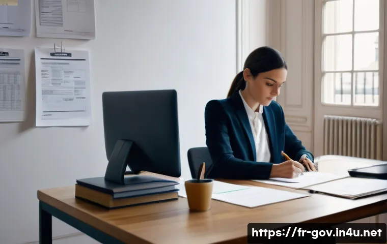공무원 시험 자기소개서 잘 쓰는 법 - A professional office scene showing a mid-30s French public administration employee writing a motiva...