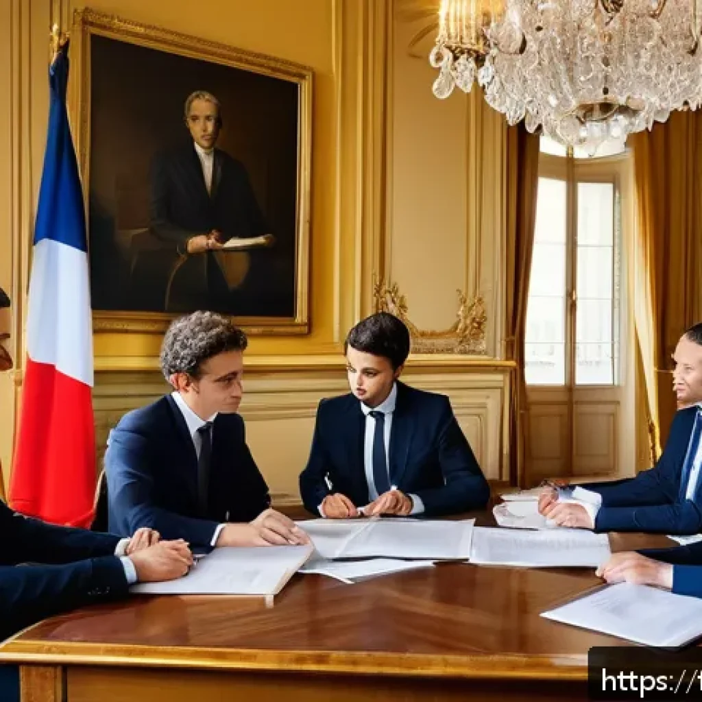 공무원 업무 관련 법률 기본 지식 - A professional French public servant office scene showing a diverse group of civil servants engaged ...