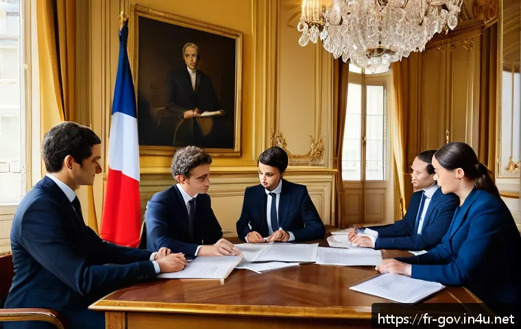 공무원 업무 관련 법률 기본 지식 - A professional French public servant office scene showing a diverse group of civil servants engaged ...