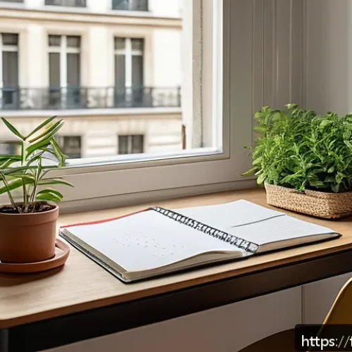 공무원 시험 이론 정리 요령 - A cozy, well-organized study room in a modern Parisian apartment, featuring a wooden desk with neatl...