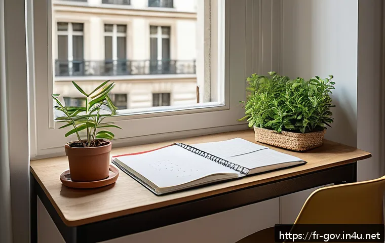 공무원 시험 이론 정리 요령 - A cozy, well-organized study room in a modern Parisian apartment, featuring a wooden desk with neatl...