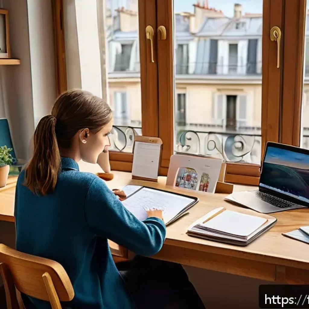 공무원 시험 준비에 필요한 필수 지식 - A focused French public service exam candidate studying at a cozy home desk, surrounded by colorful ...