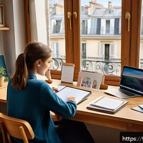 공무원 시험 준비에 필요한 필수 지식 - A focused French public service exam candidate studying at a cozy home desk, surrounded by colorful ...