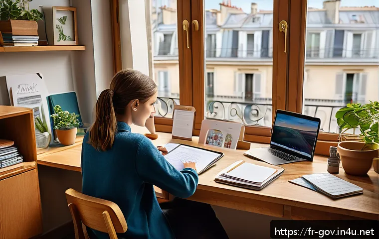 공무원 시험 준비에 필요한 필수 지식 - A focused French public service exam candidate studying at a cozy home desk, surrounded by colorful ...