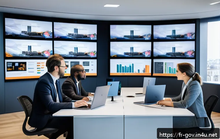 공무원 직무와 관련된 최신 기술 트렌드 - A modern French public administration office featuring a diverse group of civil servants collaborati...