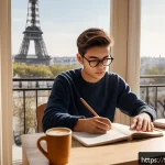 국가공무원 필기시험 고득점 비법 - A focused young adult student studying at a tidy wooden desk in a bright, modern Parisian apartment ...