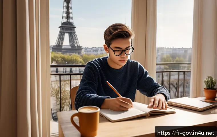 국가공무원 필기시험 고득점 비법 - A focused young adult student studying at a tidy wooden desk in a bright, modern Parisian apartment ...