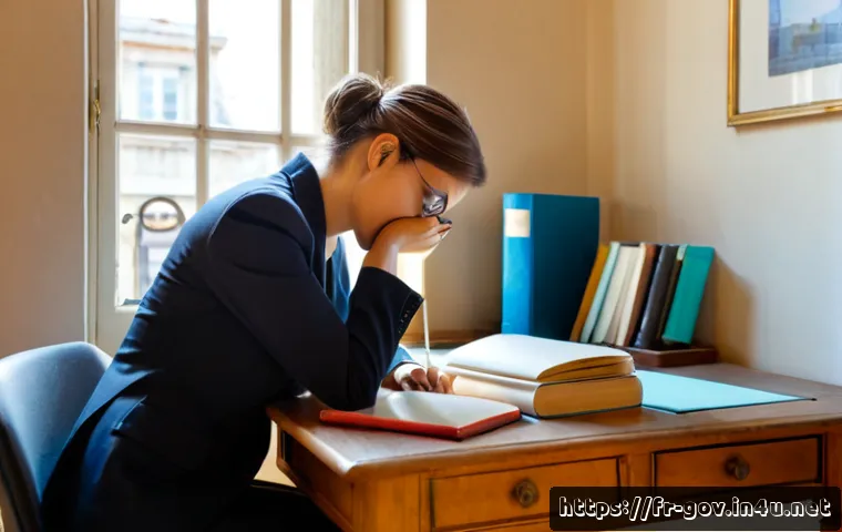 공무원 직무와 관련된 추천 도서 - Photorealistic French public administration professional at a tidy home office desk, thoughtfully se...