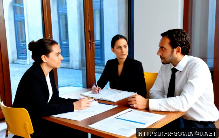 공무원 조직 내 성공적인 커뮤니케이션 사례 - Photorealistic French public service office meeting, a diverse team of civil servants seated around ...