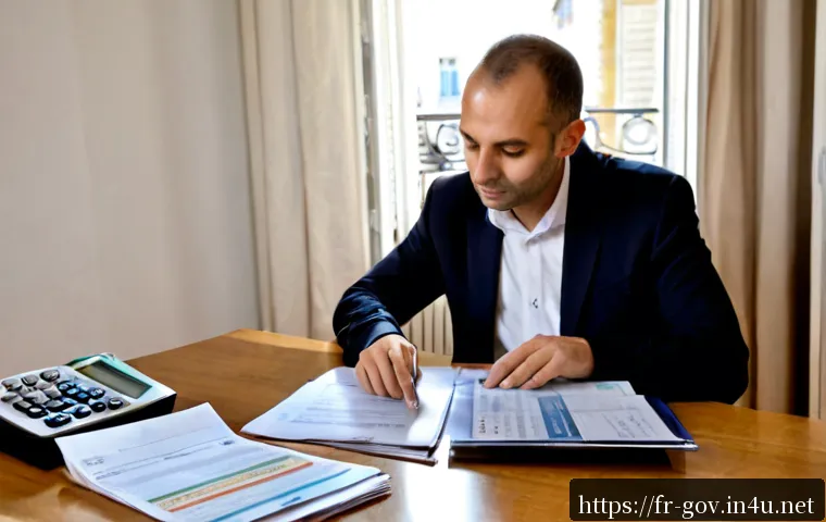 Home 15 국가공무원 연금 제도 활용법 - Photorealistic French public-sector employee in a bright Paris apartment, calmly reviewing pension p...